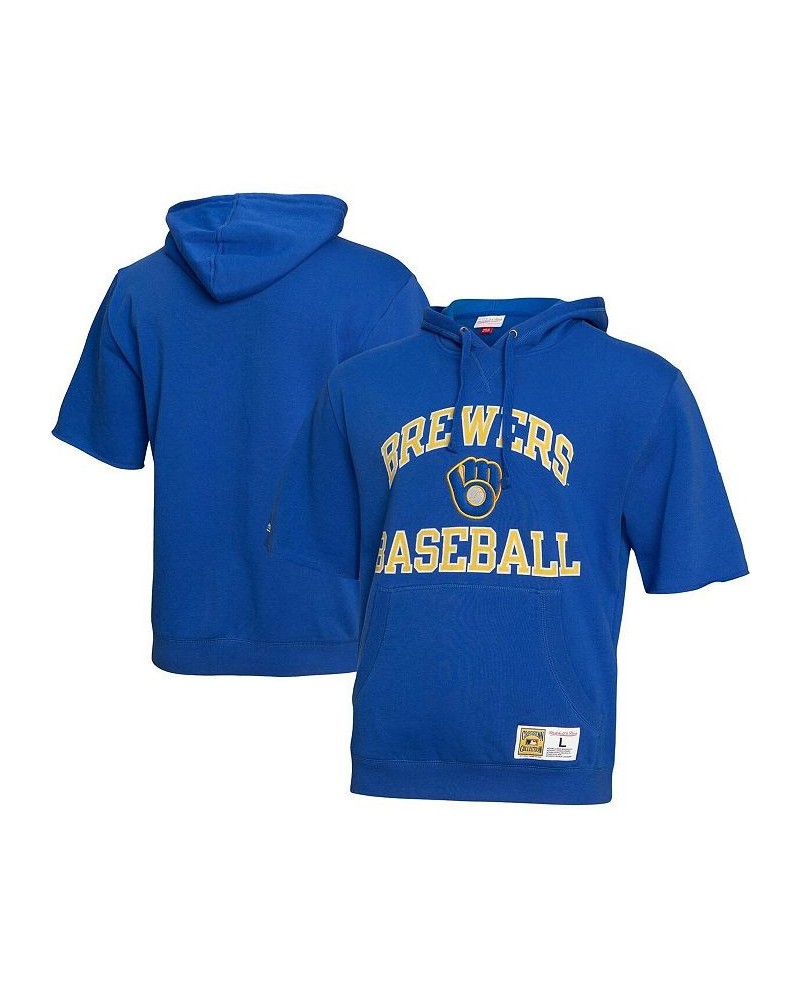 Men's Royal Milwaukee Brewers Cooperstown Collection Washed Fleece Pullover Short Sleeve Hoodie $47.50 Sweatshirt