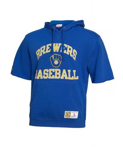 Men's Royal Milwaukee Brewers Cooperstown Collection Washed Fleece Pullover Short Sleeve Hoodie $47.50 Sweatshirt