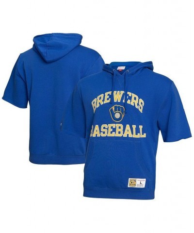 Men's Royal Milwaukee Brewers Cooperstown Collection Washed Fleece Pullover Short Sleeve Hoodie $47.50 Sweatshirt