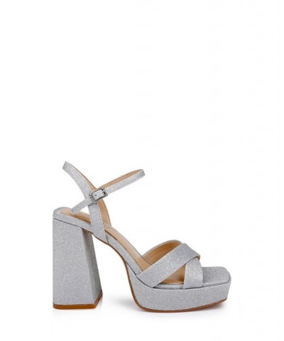 Women's Rainbow Platform Evening Sandals Silver $68.11 Shoes