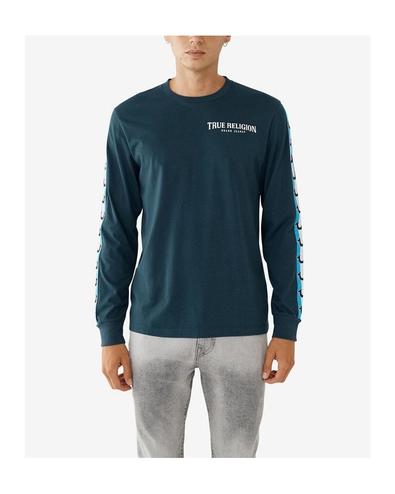 Men's Long Sleeves Damask Crewneck T-shirt Blue $25.26 T-Shirts