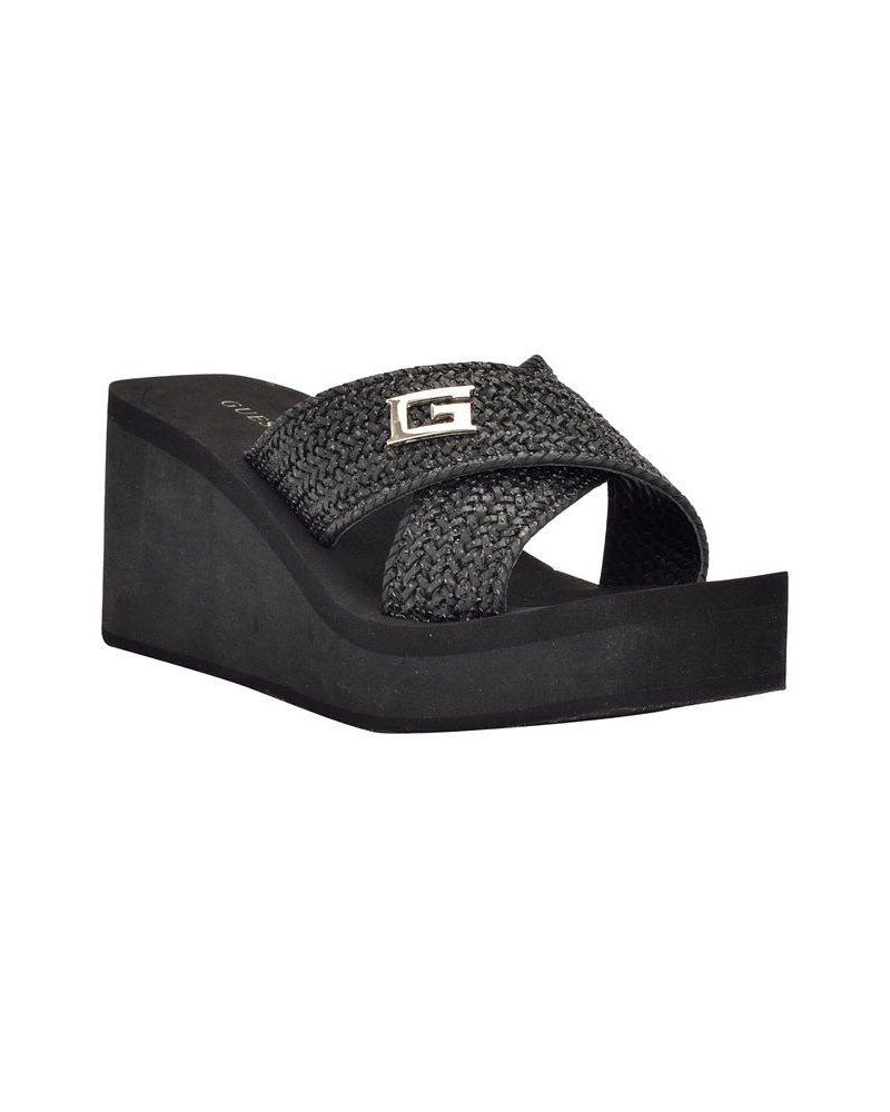 Women's Danvi Woven Mid Wedge Eva Slide With Logo Hardware Black $31.05 Shoes