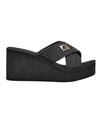 Women's Danvi Woven Mid Wedge Eva Slide With Logo Hardware Black $31.05 Shoes