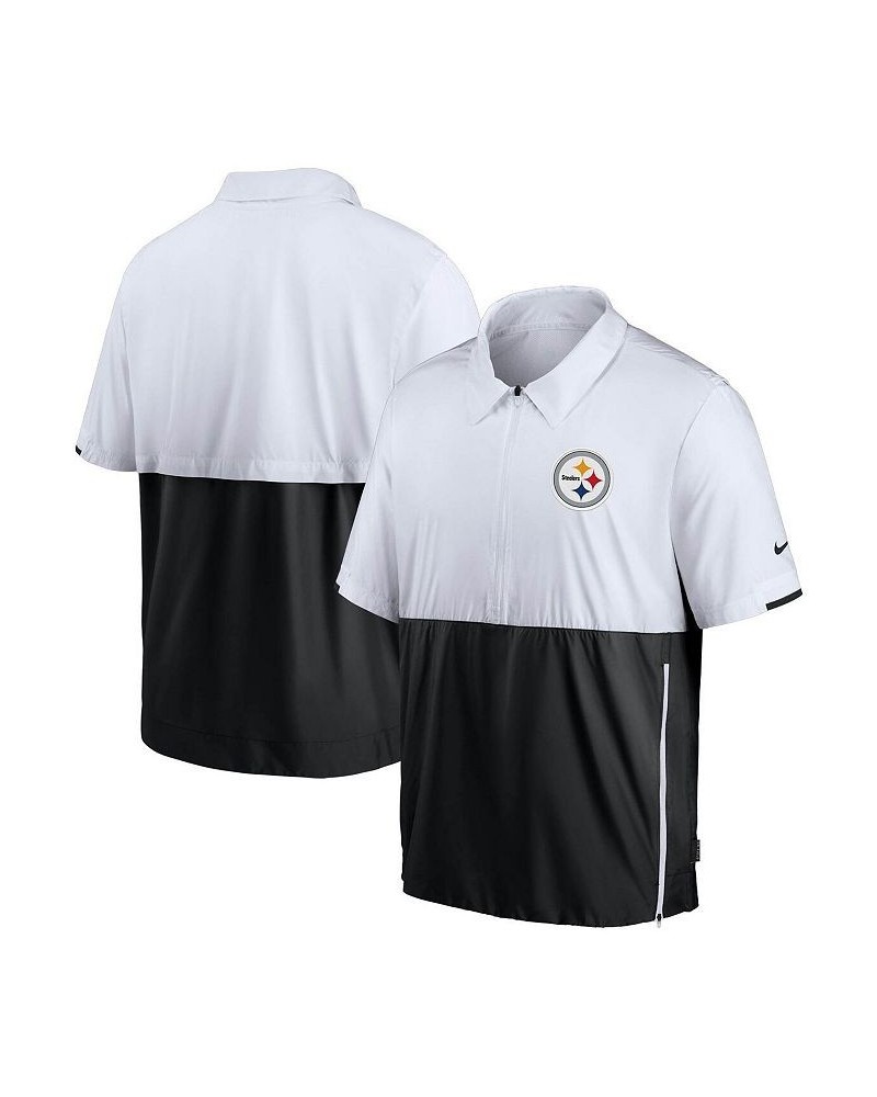 Men's White and Black Pittsburgh Steelers Sideline Coaches Half-Zip Short Sleeve Jacket $41.59 Jackets