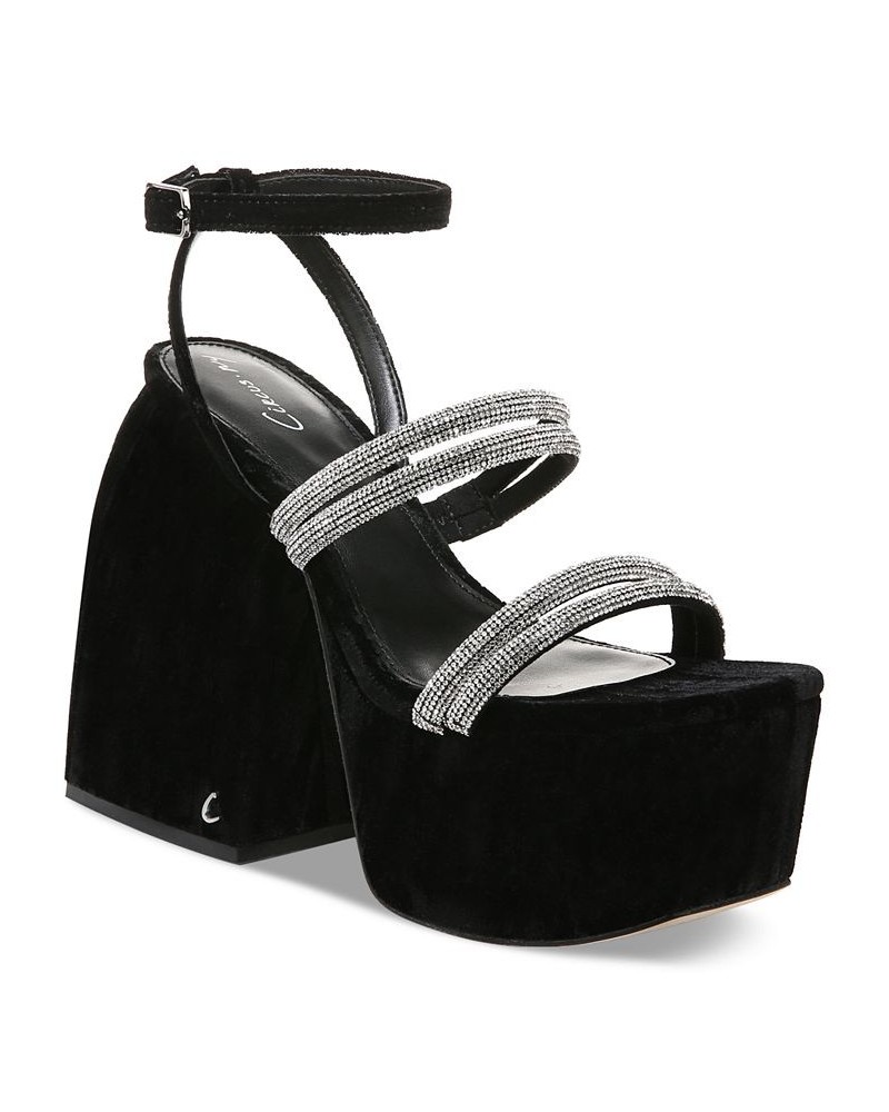 Mila Jewel Strappy Rhinestone Platform Sandals Black $39.99 Shoes