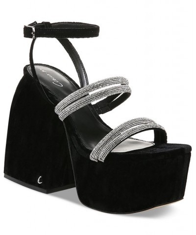 Mila Jewel Strappy Rhinestone Platform Sandals Black $39.99 Shoes