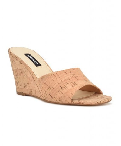 Women's Nesa Square Toe Slide-on Wedge Dress Sandals Tan/Beige $45.60 Shoes