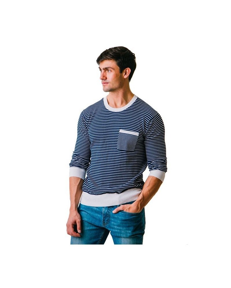 Men's Long Sleeve Crew Neck Sweater with Pocket Blue $29.47 Sweaters