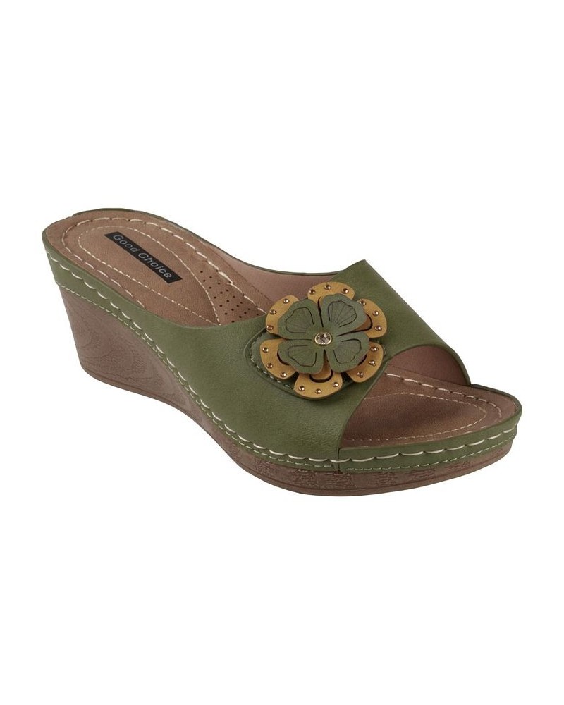 Women's Naples Flower Wedge Sandals Green $38.49 Shoes