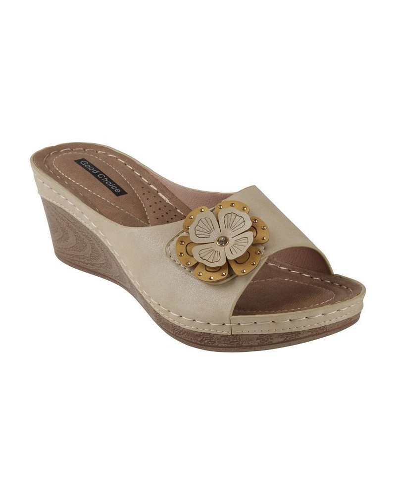 Women's Naples Flower Wedge Sandals Tan/Beige $38.49 Shoes