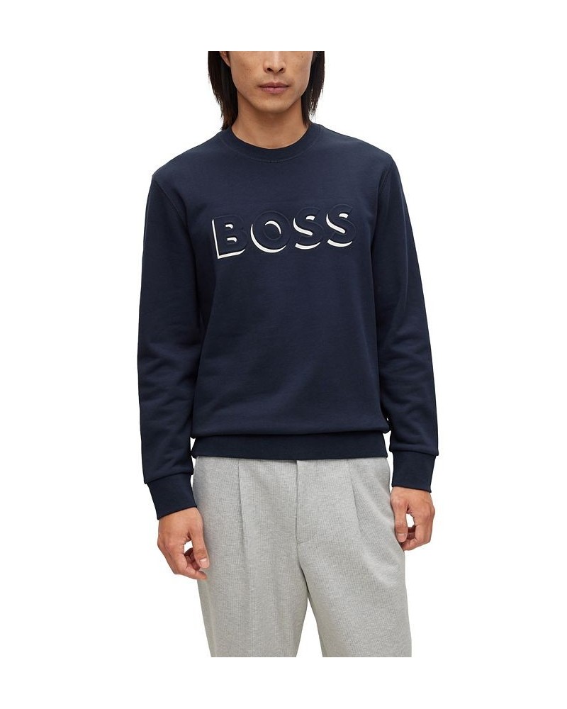 BOSS Men's Embossed and Printed Logo Cotton Sweatshirt Blue $58.28 Sweatshirt