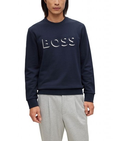 BOSS Men's Embossed and Printed Logo Cotton Sweatshirt Blue $58.28 Sweatshirt