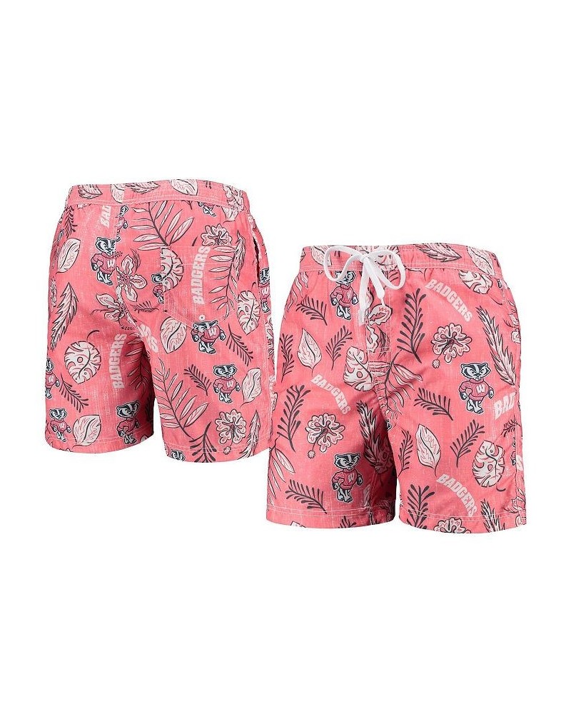 Men's Red Wisconsin Badgers Vintage-Like Floral Swim Trunks $30.10 Swimsuits