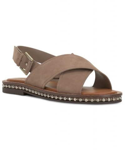 Ceemilo Crisscross Studded Flat Sandals Tan/Beige $38.70 Shoes