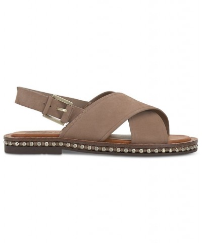 Ceemilo Crisscross Studded Flat Sandals Tan/Beige $38.70 Shoes