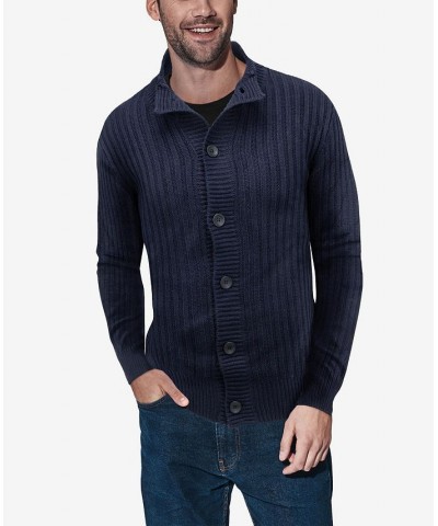 Men's Button Up Stand Collar Ribbed Knit Cardigan Sweater Blue $31.90 Sweaters