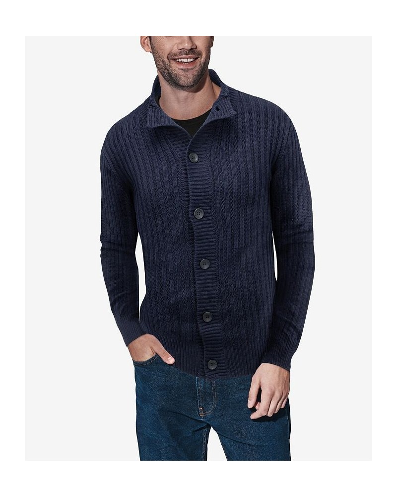 Men's Button Up Stand Collar Ribbed Knit Cardigan Sweater Blue $31.90 Sweaters