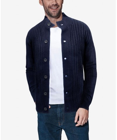 Men's Button Up Stand Collar Ribbed Knit Cardigan Sweater Blue $31.90 Sweaters