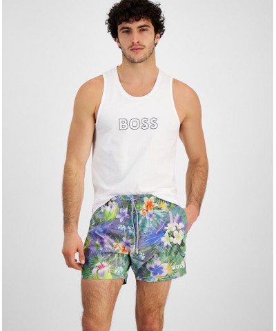 Men's 5" Piranha Tropical Print Drawstring Swim Trunks Purple $26.84 Swimsuits