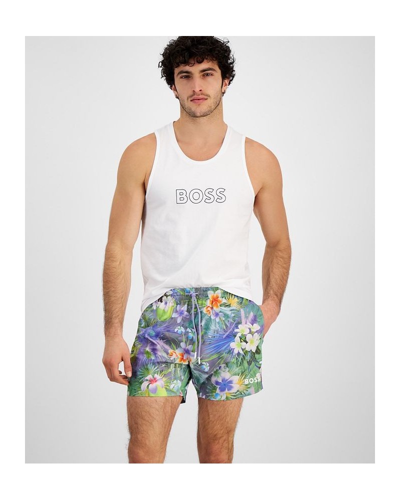 Men's 5" Piranha Tropical Print Drawstring Swim Trunks Purple $26.84 Swimsuits