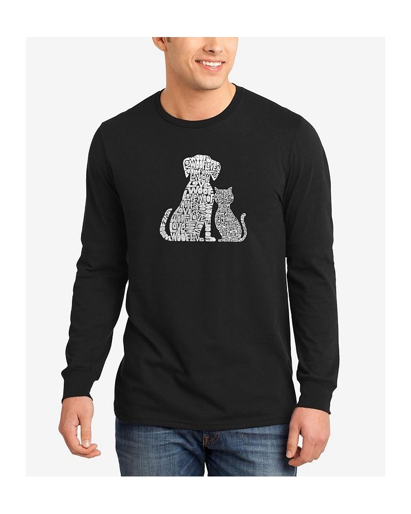 Men's Word Art Long Sleeve Dogs and Cats T-shirt Black $21.19 T-Shirts