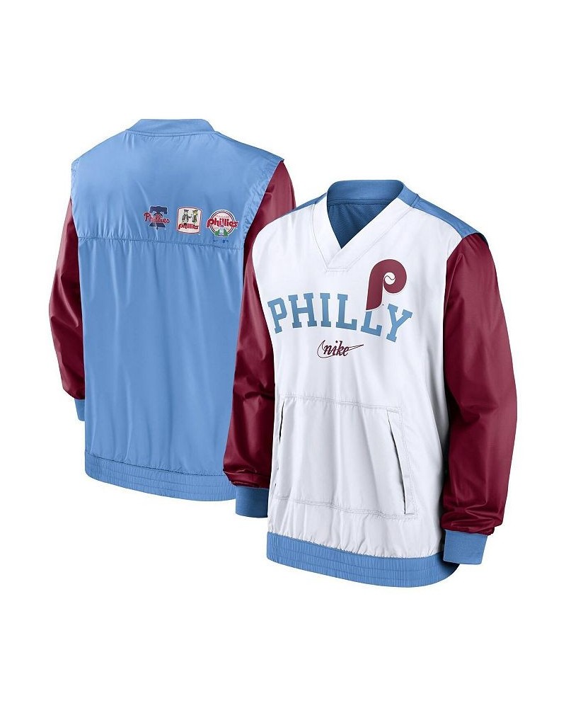 Men's White, Light Blue Philadelphia Phillies Rewind Warmup V-Neck Pullover Jacket $44.00 Jackets