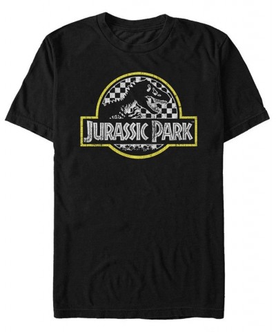 Jurassic Park Men's Distressed Checkered Logo Short Sleeve T-Shirt Black $15.75 T-Shirts