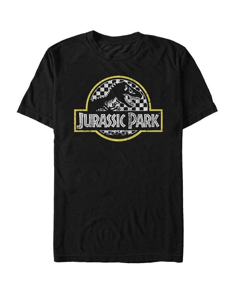 Jurassic Park Men's Distressed Checkered Logo Short Sleeve T-Shirt Black $15.75 T-Shirts