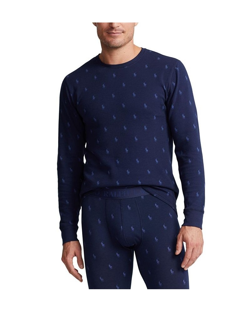 Men's Printed Waffle-Knit Thermal Pajama Shirt Blue $17.87 Pajama