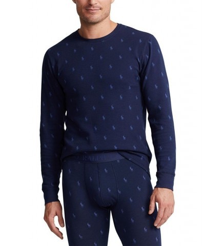 Men's Printed Waffle-Knit Thermal Pajama Shirt Blue $17.87 Pajama