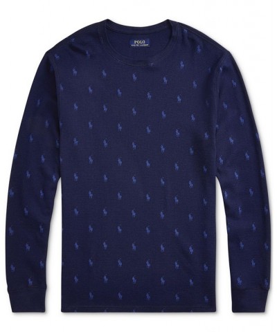 Men's Printed Waffle-Knit Thermal Pajama Shirt Blue $17.87 Pajama