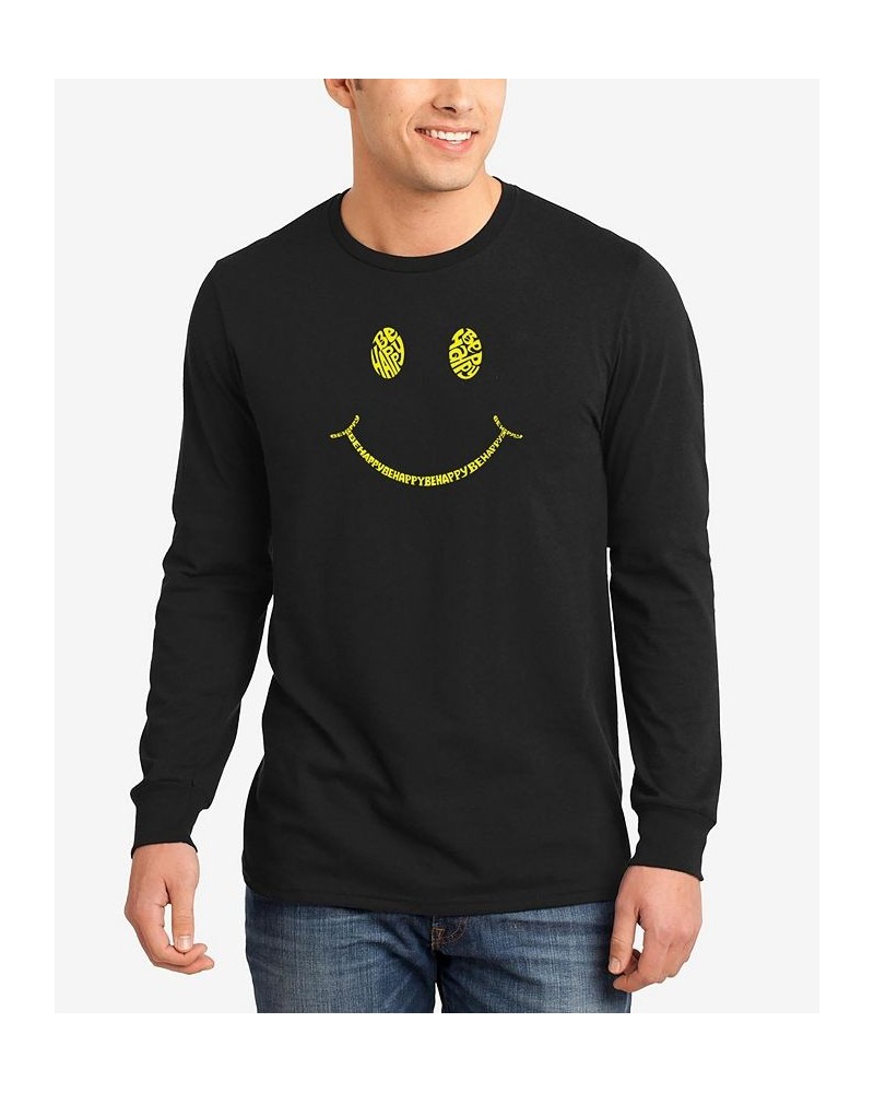 Men's Be Happy Smiley Face Word Art Long Sleeves T-shirt Black $18.40 T-Shirts