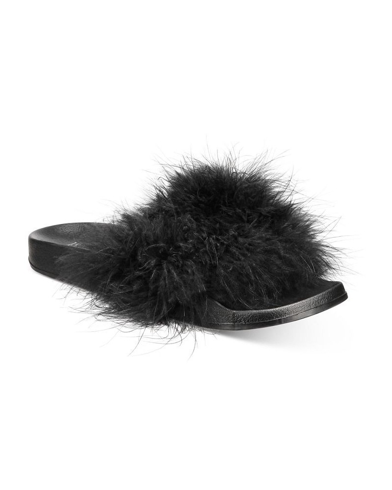 Women's Marabou Pool Slides Black $11.58 Shoes